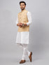 Vastramay Men's Beige Matka Silk Nehru Jacket With White Silk Blend Kurta Pyjama Set
